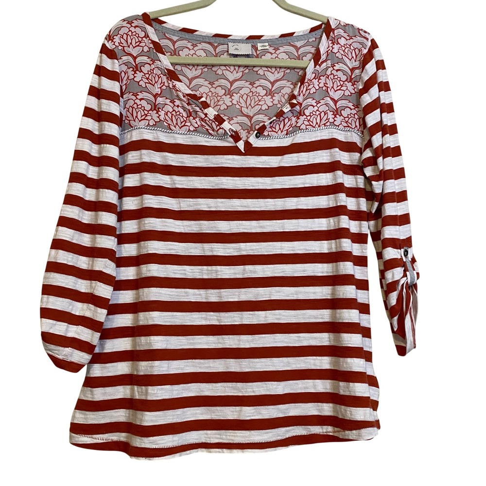 Postcard Anthropologie Striped Floral Yoke Roll Tab Sleeve Top Orange Red Large